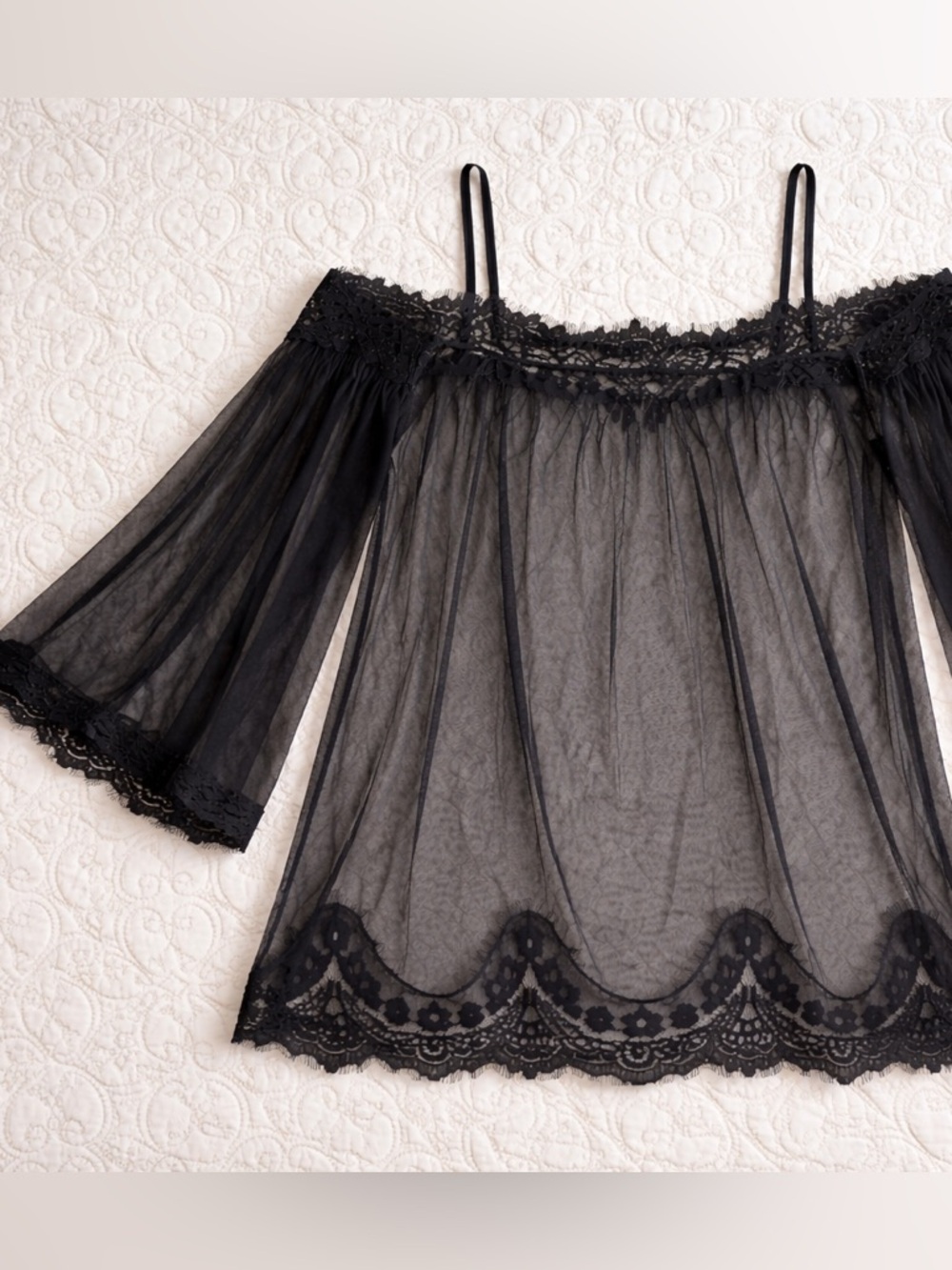 Black Sheer Lace‎ Kimono Robe Gothic Boudoir Flowy Lightweight OS